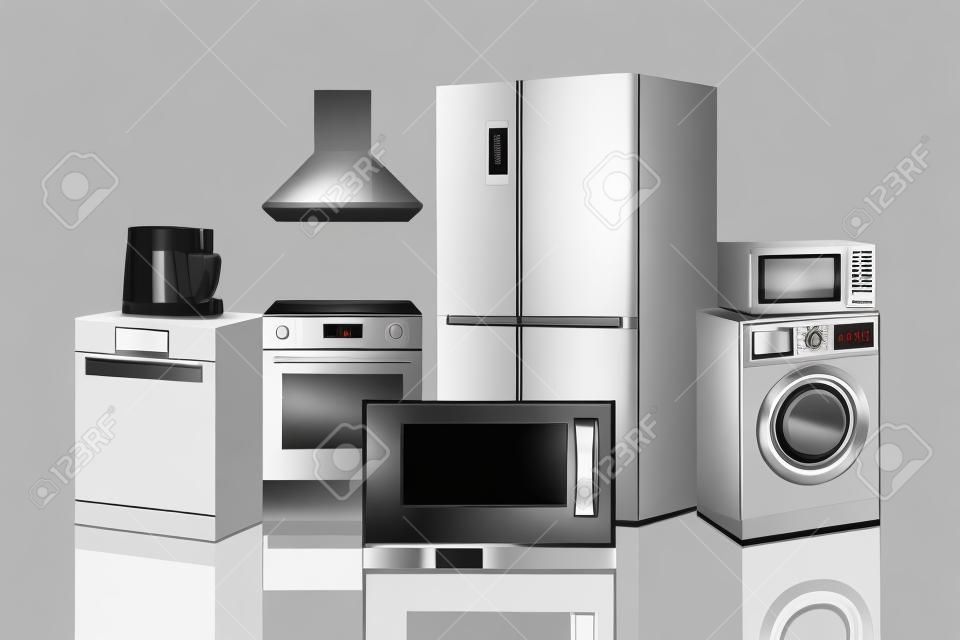 Zestaw AGD: kuchenka mikrofalowa, pralka, lodówka, odkurzacz, żelazko, kuchenka, wentylator, klimatyzator, telewizor, zmywarka, czajnik. realistyczny wektor 3d, na białym tle