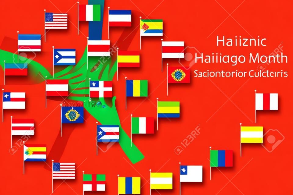 Miesiąc narodowego dziedzictwa latynoskiego i ilustracja wektorowa tematu kultury, ręce w innym kolorze i flagi ameryki.