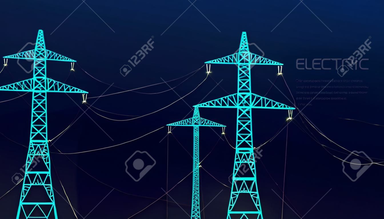 Stylized vector blue electric tower, electricity concept, power transmission, urbanization. On a dark blue background. Design template for websites, banners.