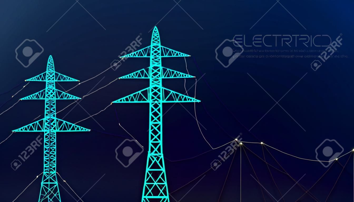 Tour électrique bleue vectorielle stylisée, concept d'électricité, transmission de puissance, urbanisation. Sur un fond bleu foncé. Modèle de conception pour sites Web, bannières.