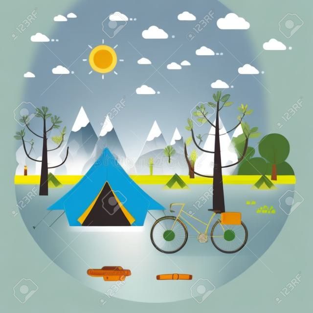 summer landscape. Morning landscape in the mountains. Solitude in nature by the river. Weekend in the tent. Hiking and camping. Vector flat illustration
