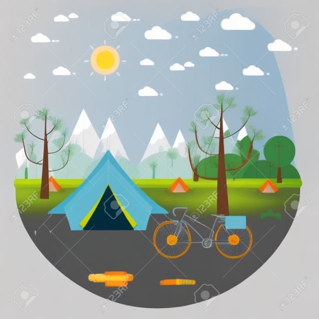 summer landscape. Morning landscape in the mountains. Solitude in nature by the river. Weekend in the tent. Hiking and camping. Vector flat illustration