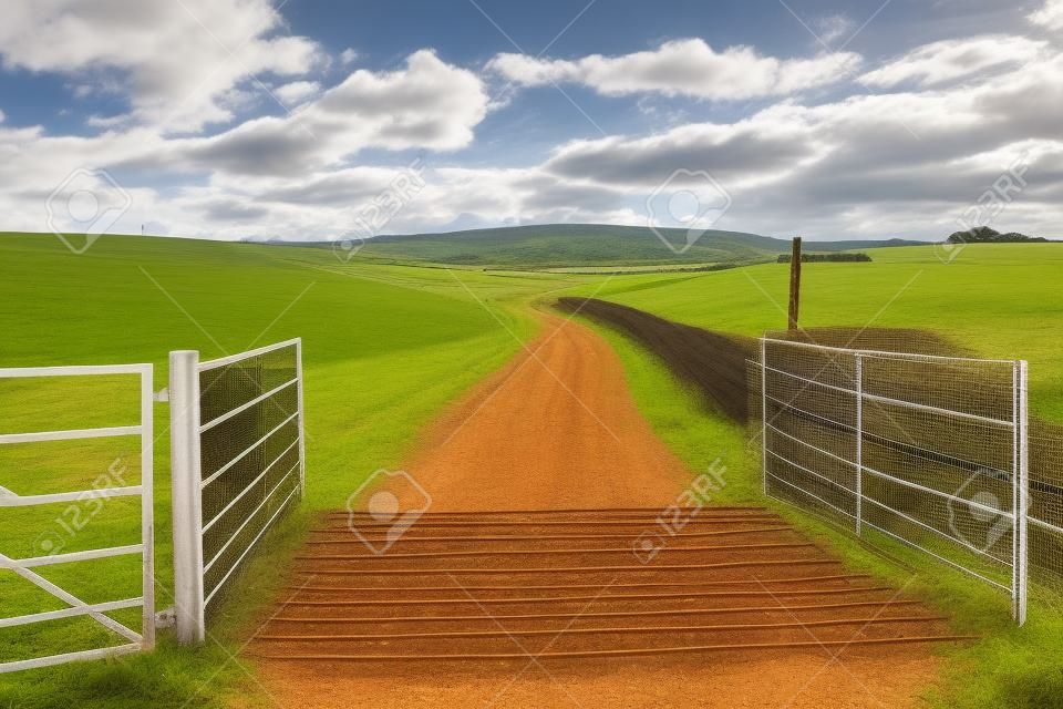 Um portão aberto e uma grade de gado que leva a uma trilha do país