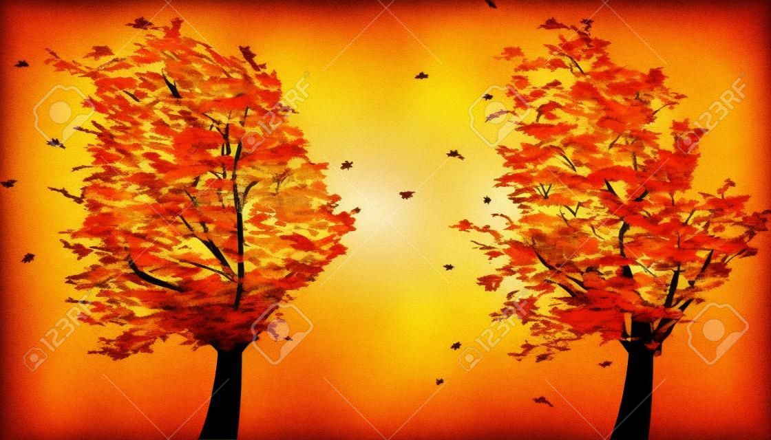 Herfst en zomer grunge boom in de wind. Vector illustratie