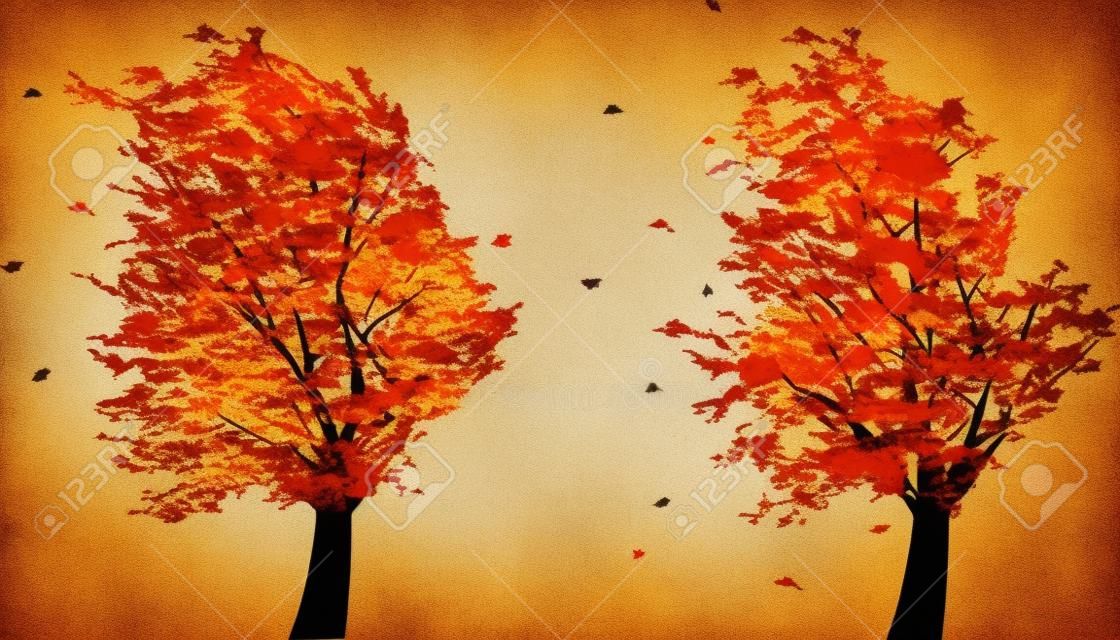 Őszi és nyári grunge fa a szélben. Vektoros illusztráció