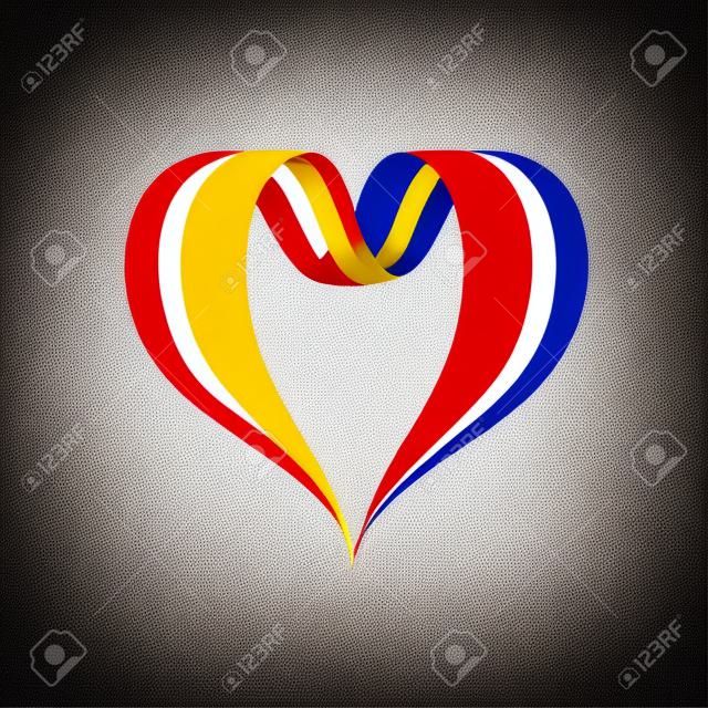 Bandeira colombiana em forma de coração fita ondulada. Ilustração vetorial.
