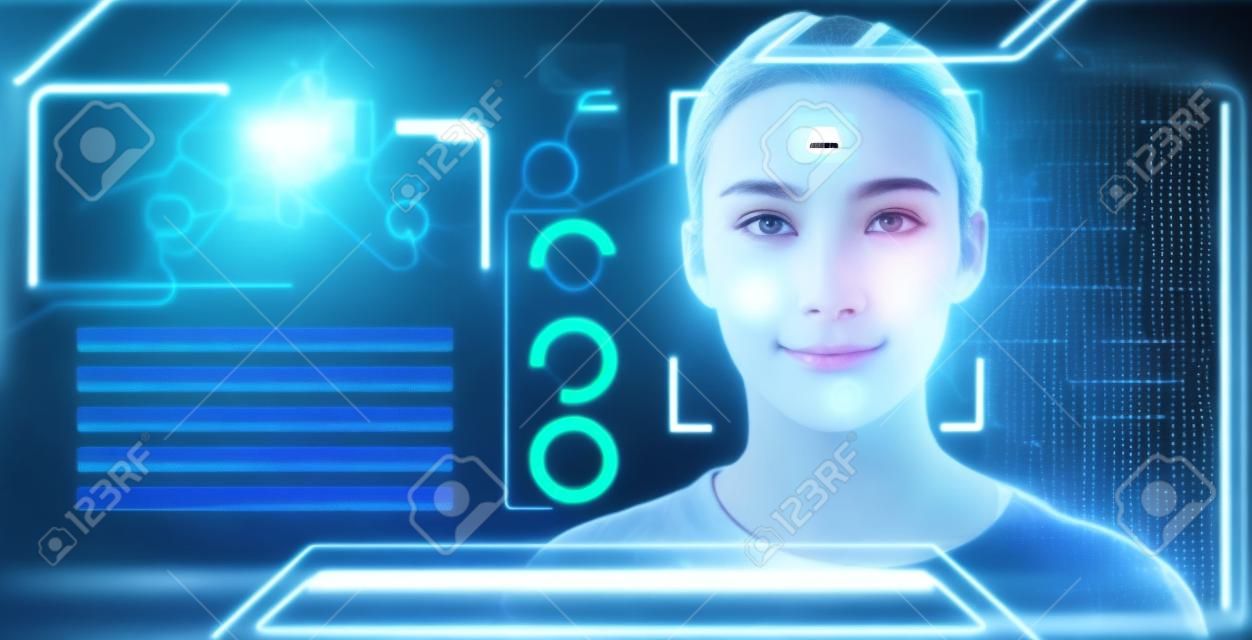 Futurystyczna sztuczna inteligencja Biometryczne rozpoznawanie twarzy, osobista sztuczna inteligencja identyfikuje skanowanie twarzy za pomocą technologii inteligentnej bazy danych wirtualnego interfejsu. Przyszła identyfikacja Skanowanie bezpieczeństwa dostępu do twarzy