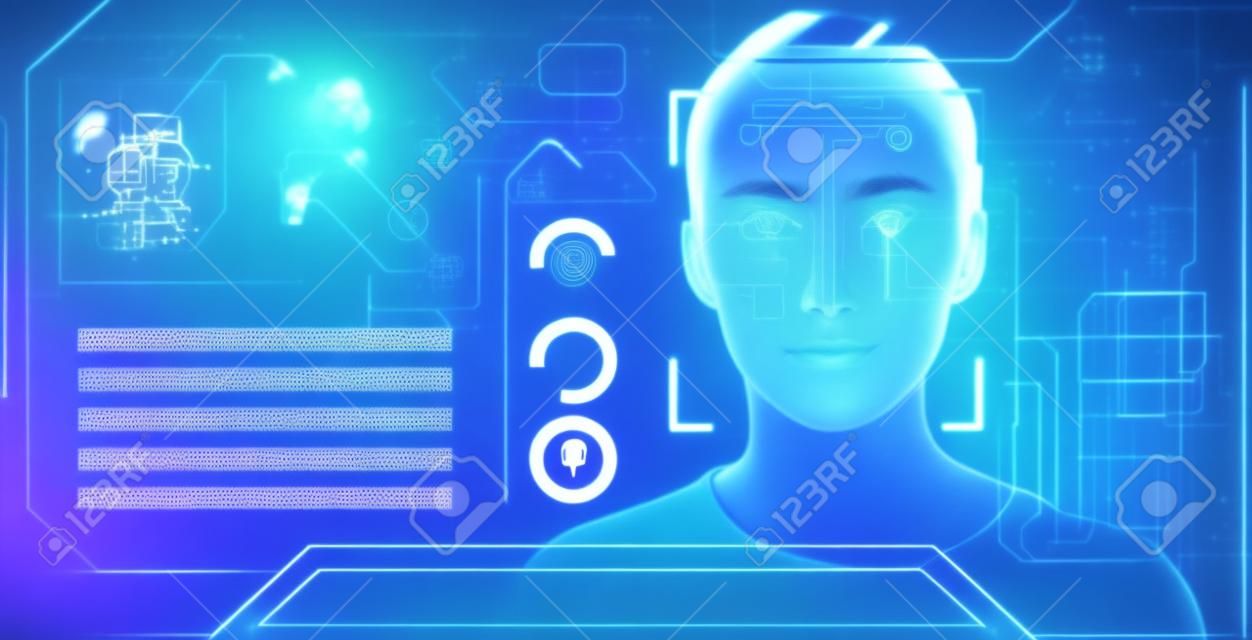 Riconoscimento facciale biometrico dell'intelligenza artificiale futuristica, intelligenza artificiale personale Identifica la scansione del viso con la tecnologia di database dell'interfaccia virtuale intelligente. Scansione di sicurezza per l'accesso facciale di identificazione futura