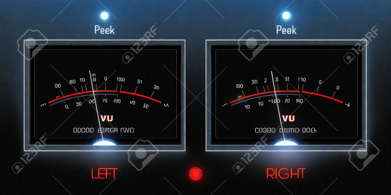Analog VU meter with peak LED. Decibel power level. A volume unit - VU meter left and right. Device displaying a representation of the signal level in audio equipment. Vector illustration