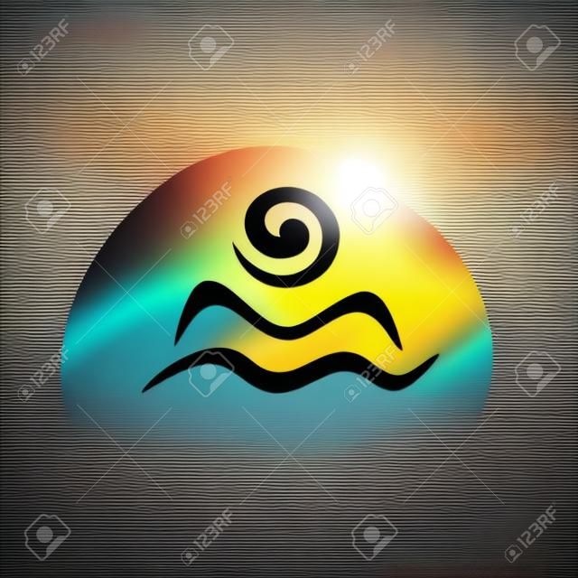 Zon met bergsilhouet en zeegolven abstract logo template