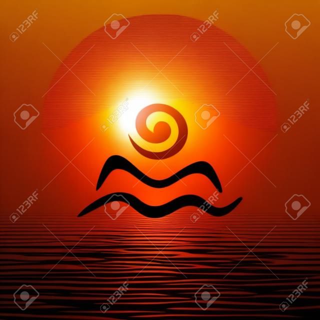 山のシルエットと海太陽波の抽象的なロゴのテンプレート