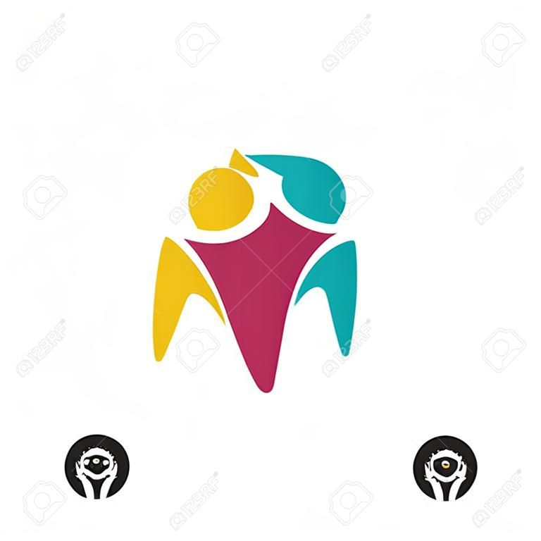 Three happy motivated people in a round colorful icon