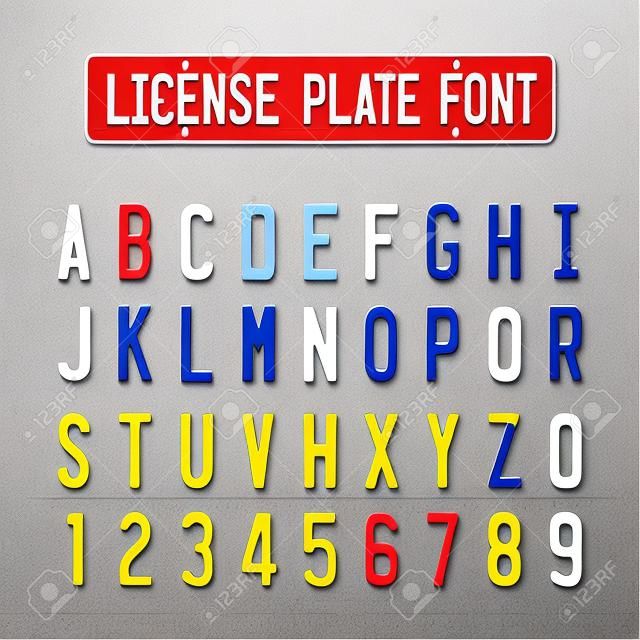 Rendszámtábla font betűk embosse átlátszó átfedő effektus. Autó szám tervezés ábécé.