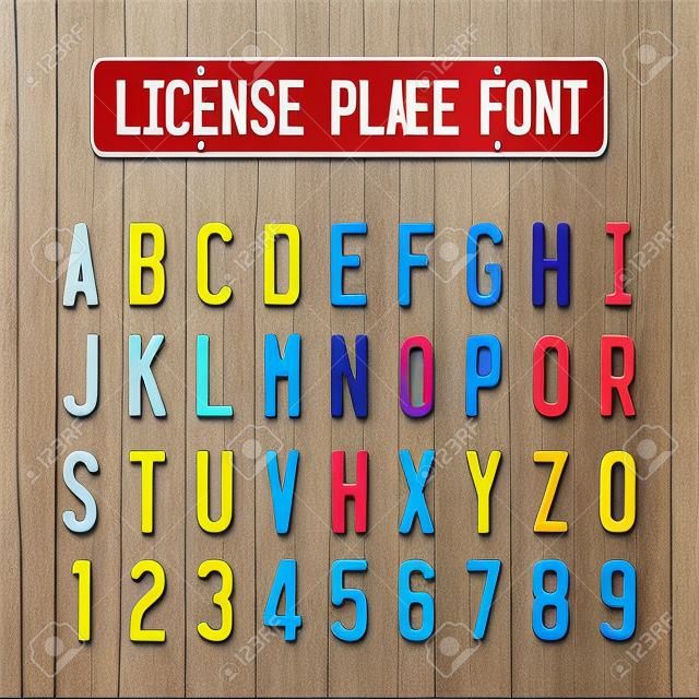 Plaka kabartılmış şeffaf bindirme etkisi ile yazı harfleri. Araç numarası tasarım alfabe.