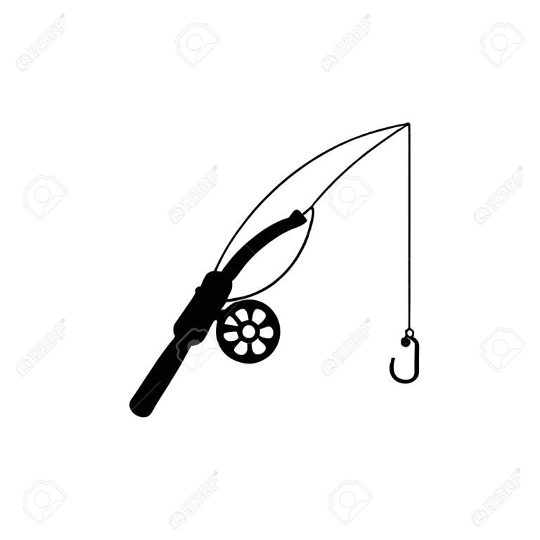 釣魚桿簡單剪影圖標。釣魚桿帶捲軸，線和鉤。黑色只。