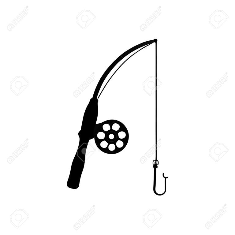 釣り竿のシンプルなシルエットのアイコン。釣り竿とリール、ライン フック。カラーはブラックのみ。