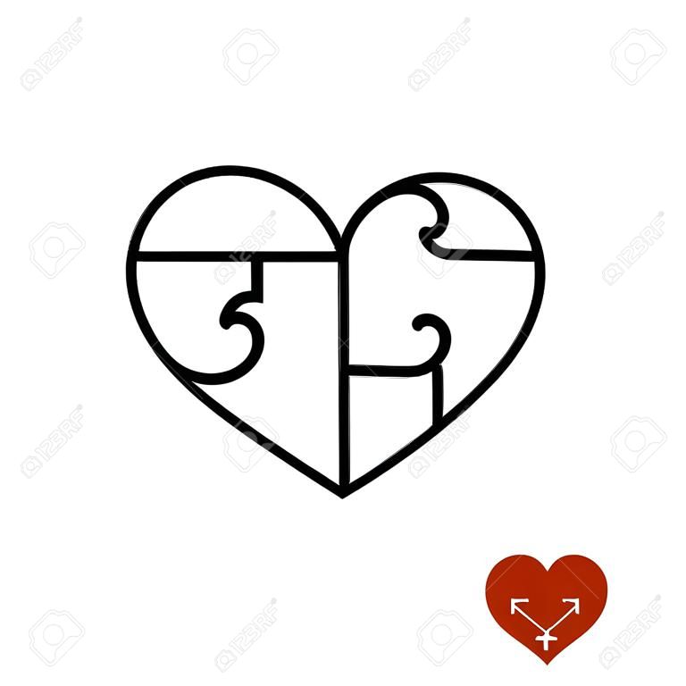 Heart puzzle outline black lines divided on four parts