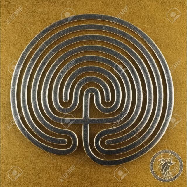 Crete traditional symbol. Cretan labyrinth of Minotaur creature. Greek ancient figure symbol. Adjustable stroke width.