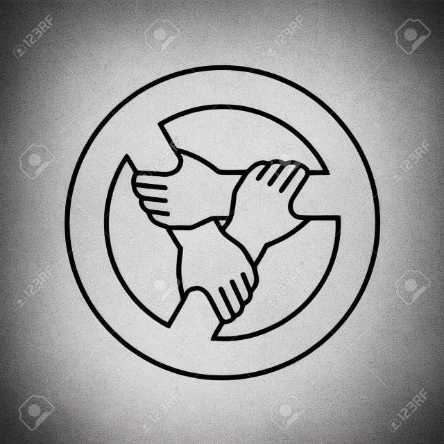 Three hands together support each other outline style. Teamwork, union or cooperation concept sign. 3 people hands holding one by one in a circle. Support symbol. Adjustable stroke width.