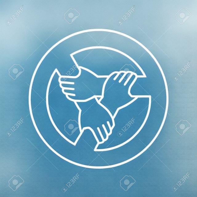Three hands together support each other outline style. Teamwork, union or cooperation concept sign. 3 people hands holding one by one in a circle. Support symbol. Adjustable stroke width.