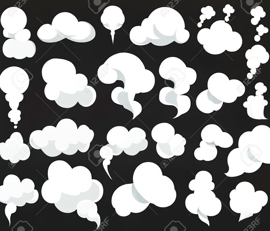 Vector conjunto de humo plantilla de efectos especiales. Dibujos animados de nubes de vapor, soplo, niebla, niebla, vapor de agua o explosión de polvo 2D. Elemento de imágenes prediseñadas para juegos, impresos, publicidad. Ilustración vectorial eps 10.