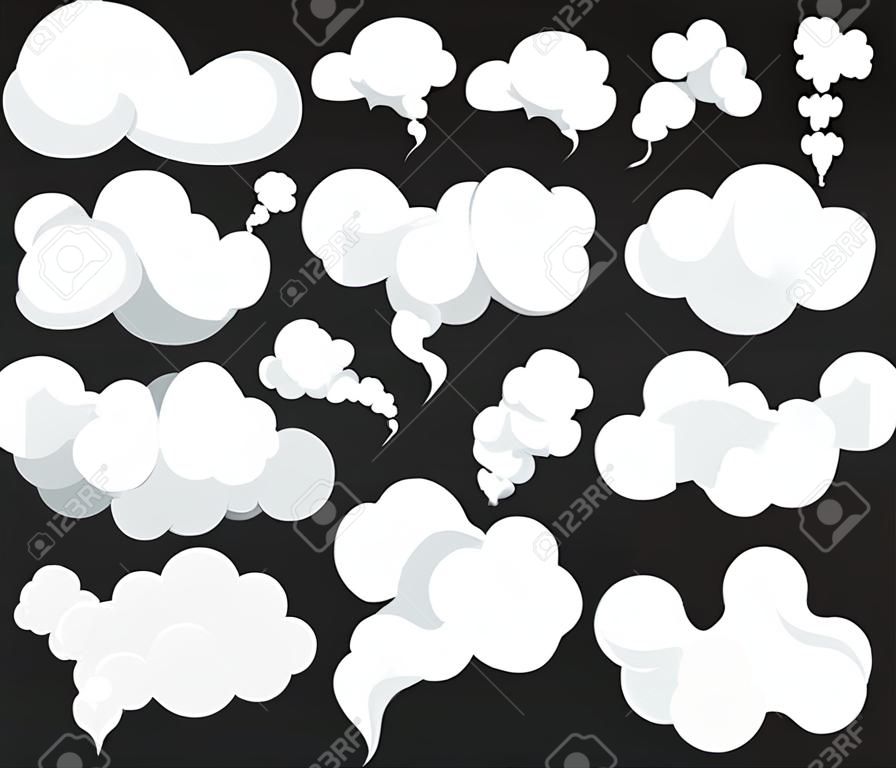 Vector conjunto de humo plantilla de efectos especiales. Dibujos animados de nubes de vapor, soplo, niebla, niebla, vapor de agua o explosión de polvo 2D. Elemento de imágenes prediseñadas para juegos, impresos, publicidad. Ilustración vectorial eps 10.
