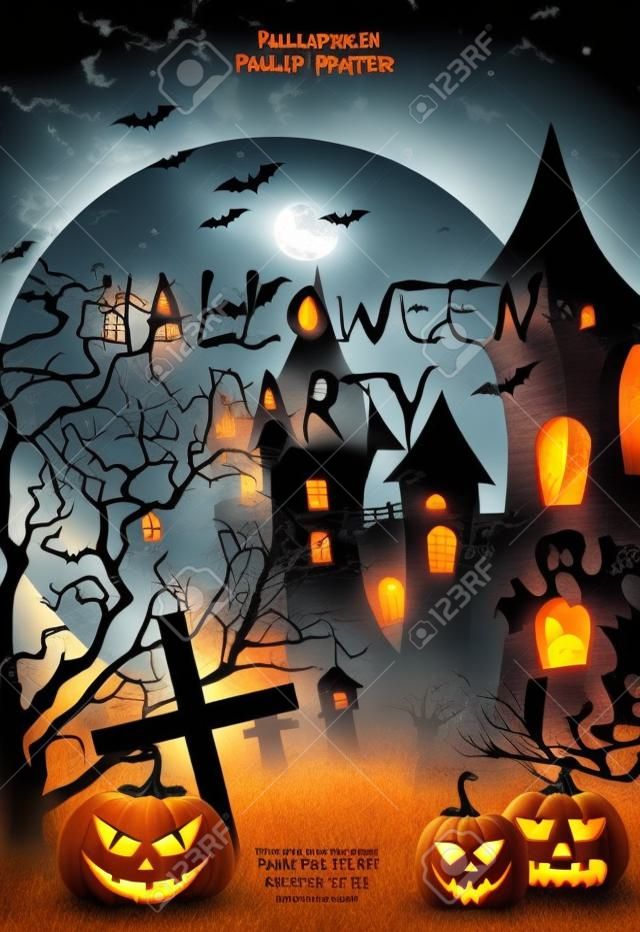 Modello di volantino o invito per la festa di Halloween. Poster con zucca, casa stregata, cimitero, fantasma e luna piena.
