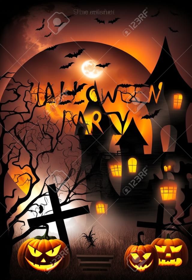 Flyer ou modèle d'invitation pour la fête d'Halloween. Affiche avec citrouille, maison hantée, cimetière, fantôme et pleine lune.