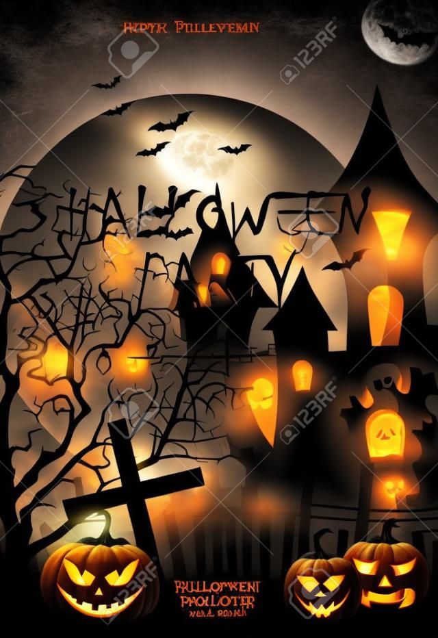 Plantilla de volante o invitación para la fiesta de Halloween. Afiche con calabaza, casa embrujada, cementerio, fantasma y luna llena.