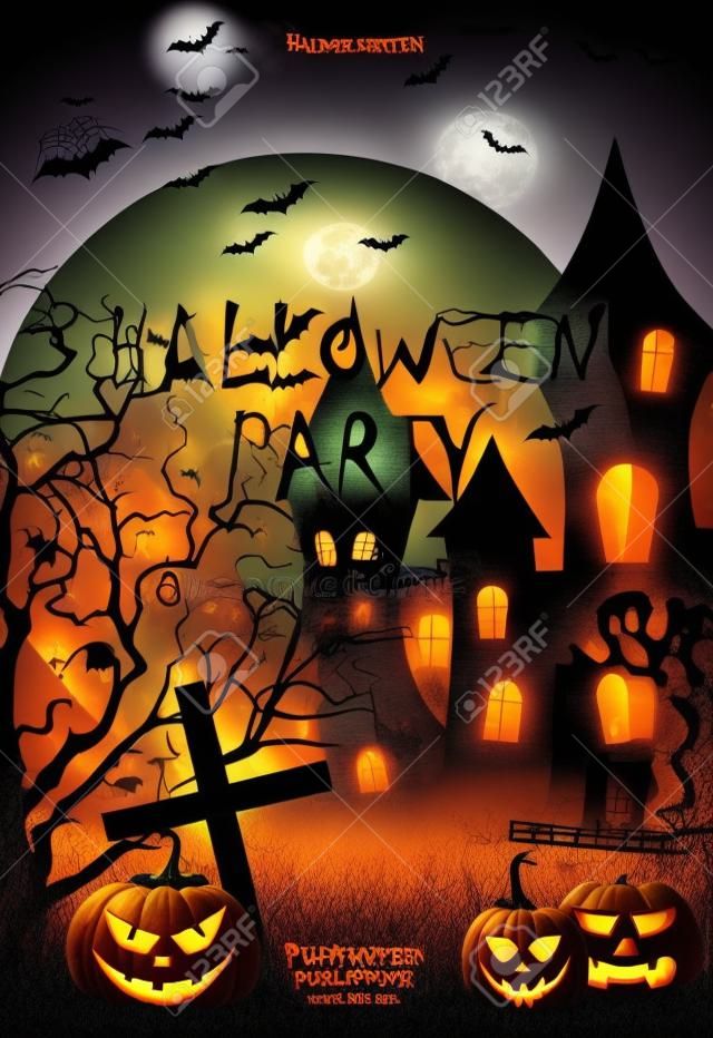 Vlieger of uitnodiging sjabloon voor Halloween feest.Poster met pompoen, spookhuis, begraafplaats, geest en volle maan.