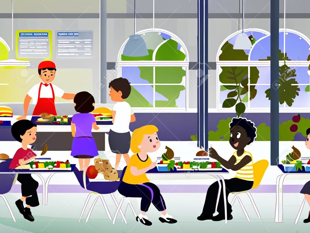 Niños en una cantina comprando y comiendo el almuerzo. Los niños comen en el comedor escolar. ilustración vectorial