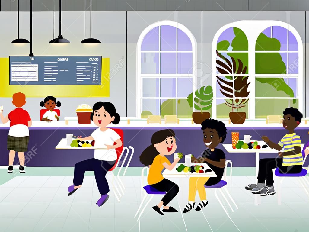 Niños en una cantina comprando y comiendo el almuerzo. Los niños comen en el comedor escolar. ilustración vectorial