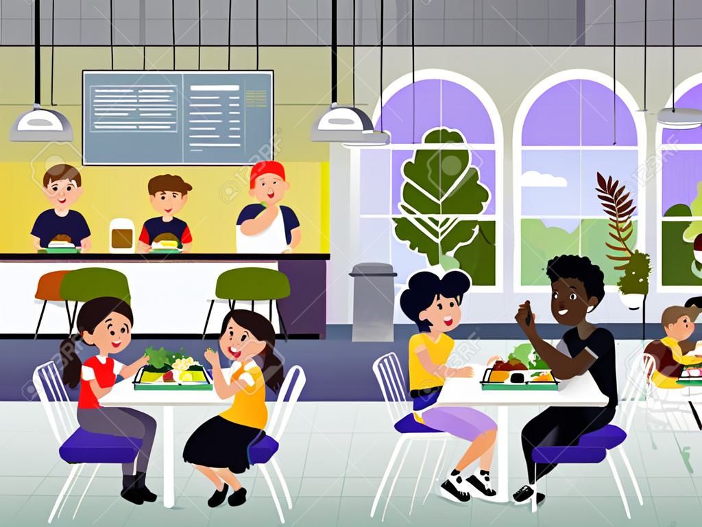 Kids in a Canteen Buying and Eating Lunch. Children eat in school canteen. Vector illustration