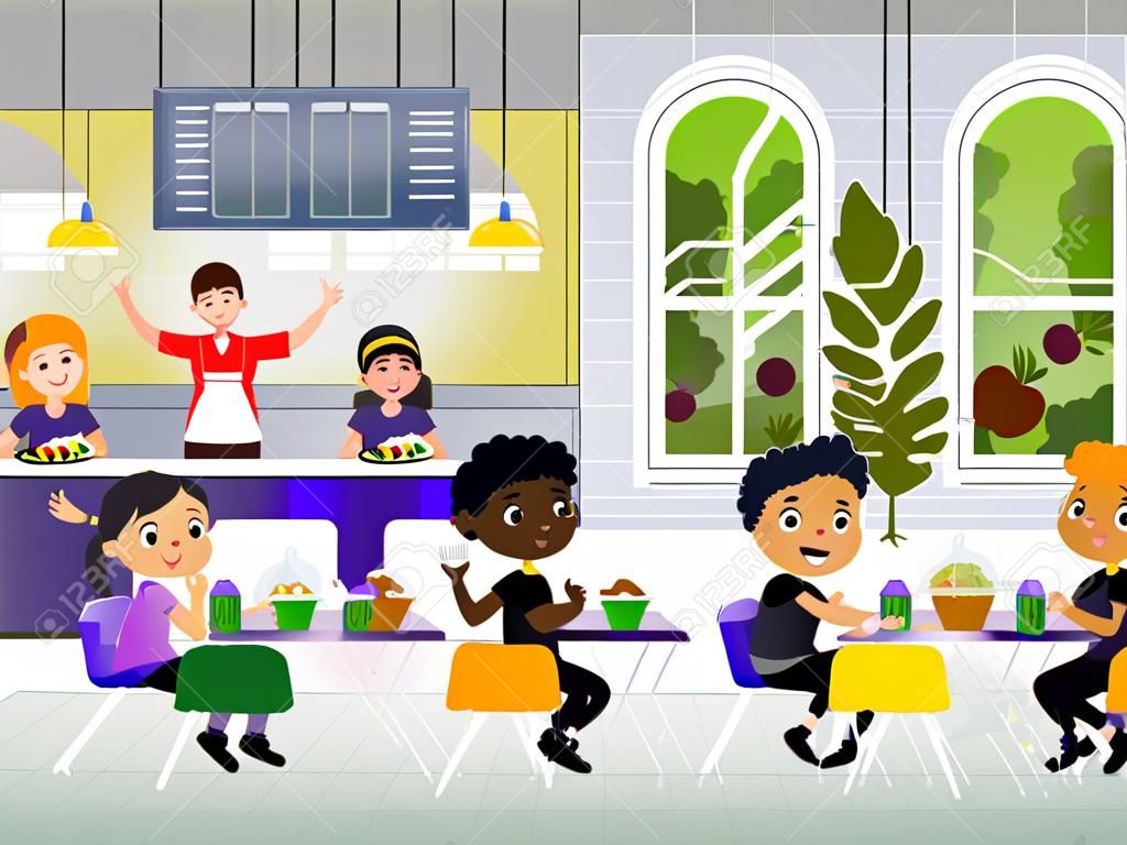 Kids in a Canteen Buying and Eating Lunch. Children eat in school canteen. Vector illustration