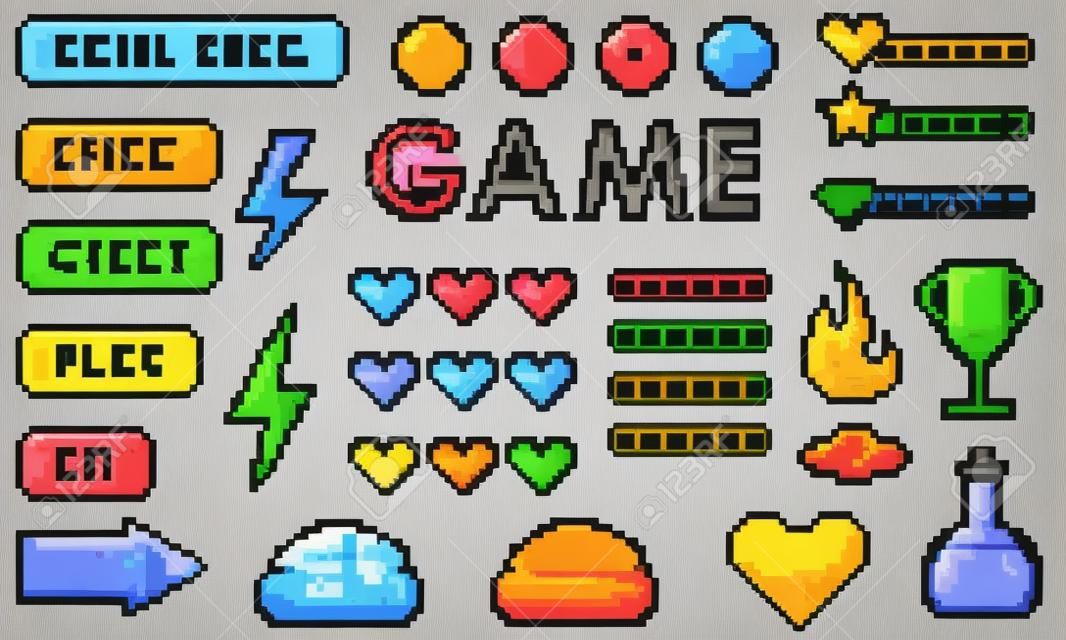 ピクセルゲームボタン。ゲームUI、ゲームコントローラーの矢印、8ビットピクセルボタン。ピクセルゲーム要素が設定されています。ヴィンテージコンピュータビデオアーケード。