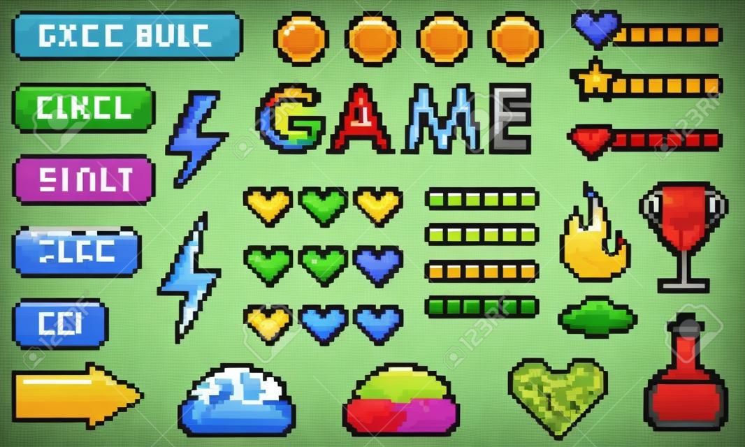 ピクセルゲームボタン。ゲームUI、ゲームコントローラーの矢印、8ビットピクセルボタン。ピクセルゲーム要素が設定されています。ヴィンテージコンピュータビデオアーケード。