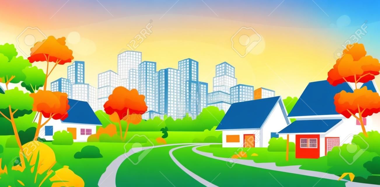 Highway road to city with colorful skyscraper buildings and suburb region houses with green lawn, bush and trees vector illustration