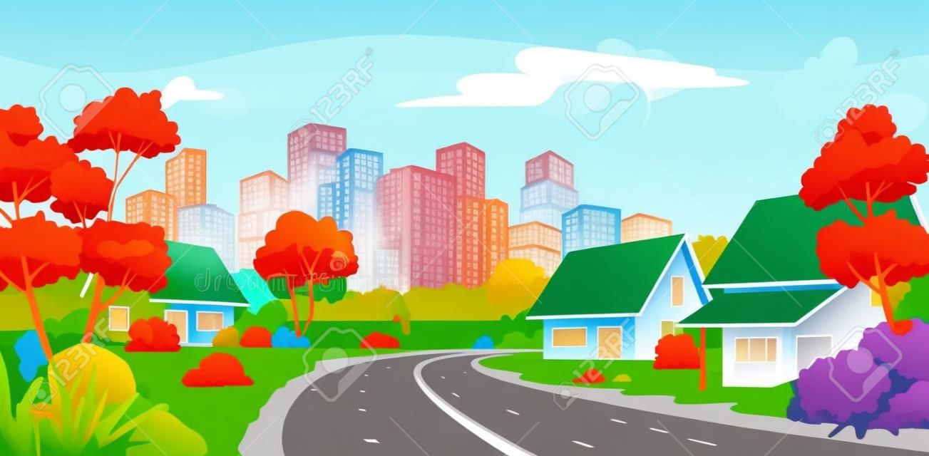 Highway road to city with colorful skyscraper buildings and suburb region houses with green lawn, bush and trees vector illustration