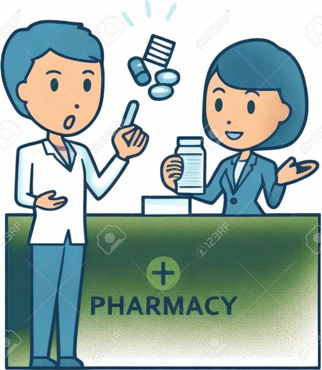 Иллюстрация, что молодой человек консультируется с женщиной-фармацевтом