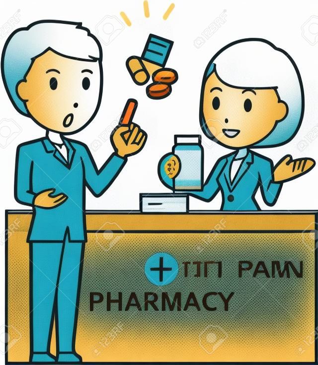 Illustration that a young man consulting a female pharmacist