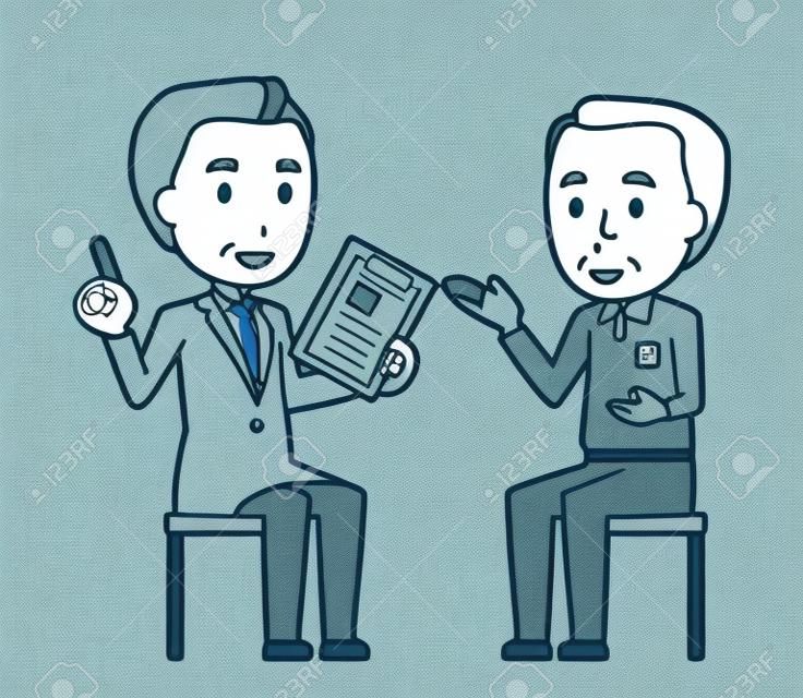 Illustrazione che un vecchio consulta con un medico