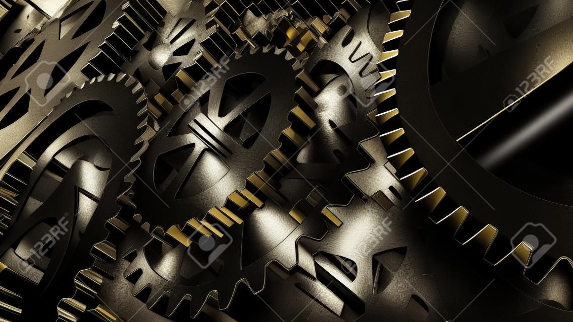 Metallic gears at black background. Decorative frame. Abstract seamless dark surface. 3D rendering. Close up