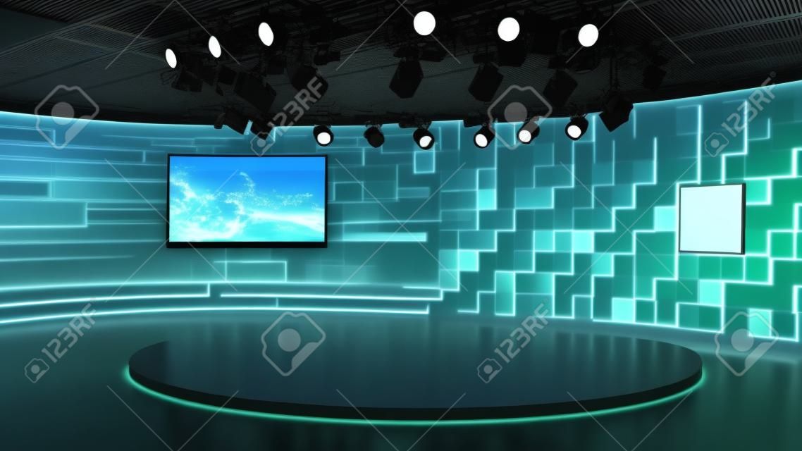 Tv studio. News room. Blye background. News Studio. Studio Background. Newsroom bakground. The perfect backdrop for any green screen or chroma key video production. Loop. 3D rendering.