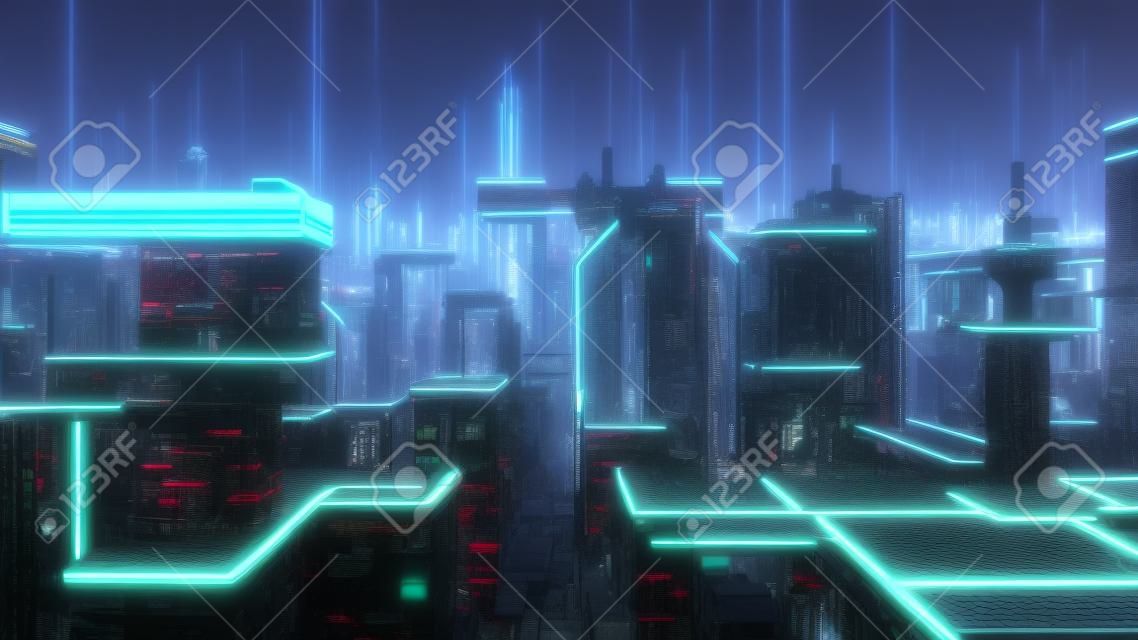 Koncepcja miasta Metaverse i cyberpunku. renderowania 3D
