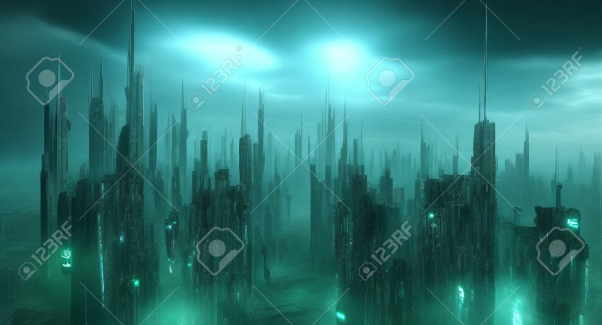 Futuristic cyberpunk city and metaverse concept, 3d render