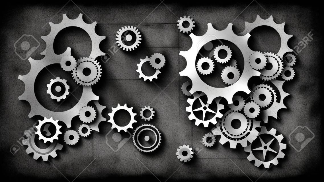 Paper cut style black and white gears and cogs on gray blueprint chalkboard background. Size ratio 1920x1080px. EPS10, VECTOR, Illustration. EPS10, VECTOR, Illustration.