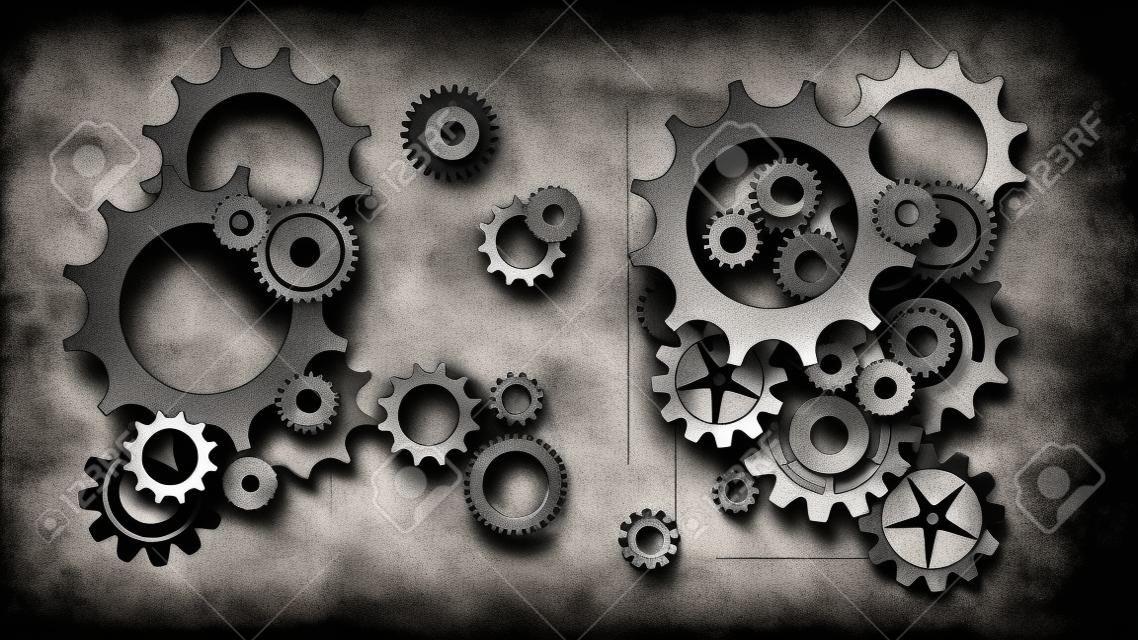Paper cut style black and white gears and cogs on gray blueprint chalkboard background. Size ratio 1920x1080px. EPS10, VECTOR, Illustration. EPS10, VECTOR, Illustration.