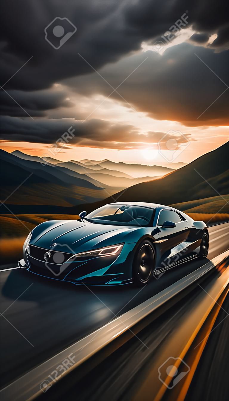 elegant premium car traveling on the autobahn against a mesmerizing sunset landscape.illustration