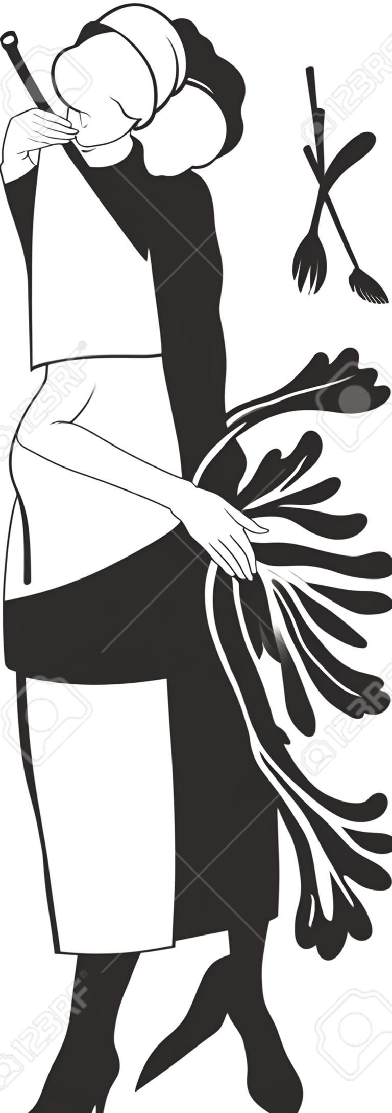 Ilustración blanco y negro de la mujer de la limpieza