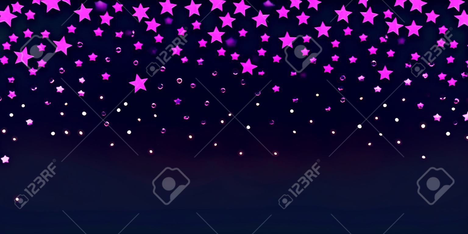 Confeti de estrellas voladoras de gradiente rosa aislado en negro. Pequeña caída estelar aleatoria brillante de lujo. Las estrellas voladoras brillan, el confeti de lámina degradada brilla con un patrón brillante. vector, horizontal, seamless